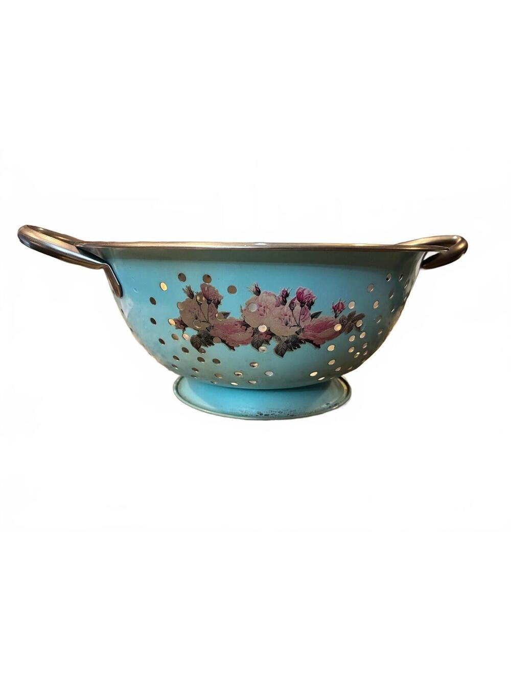 Vintage blue floral metal colander with handles